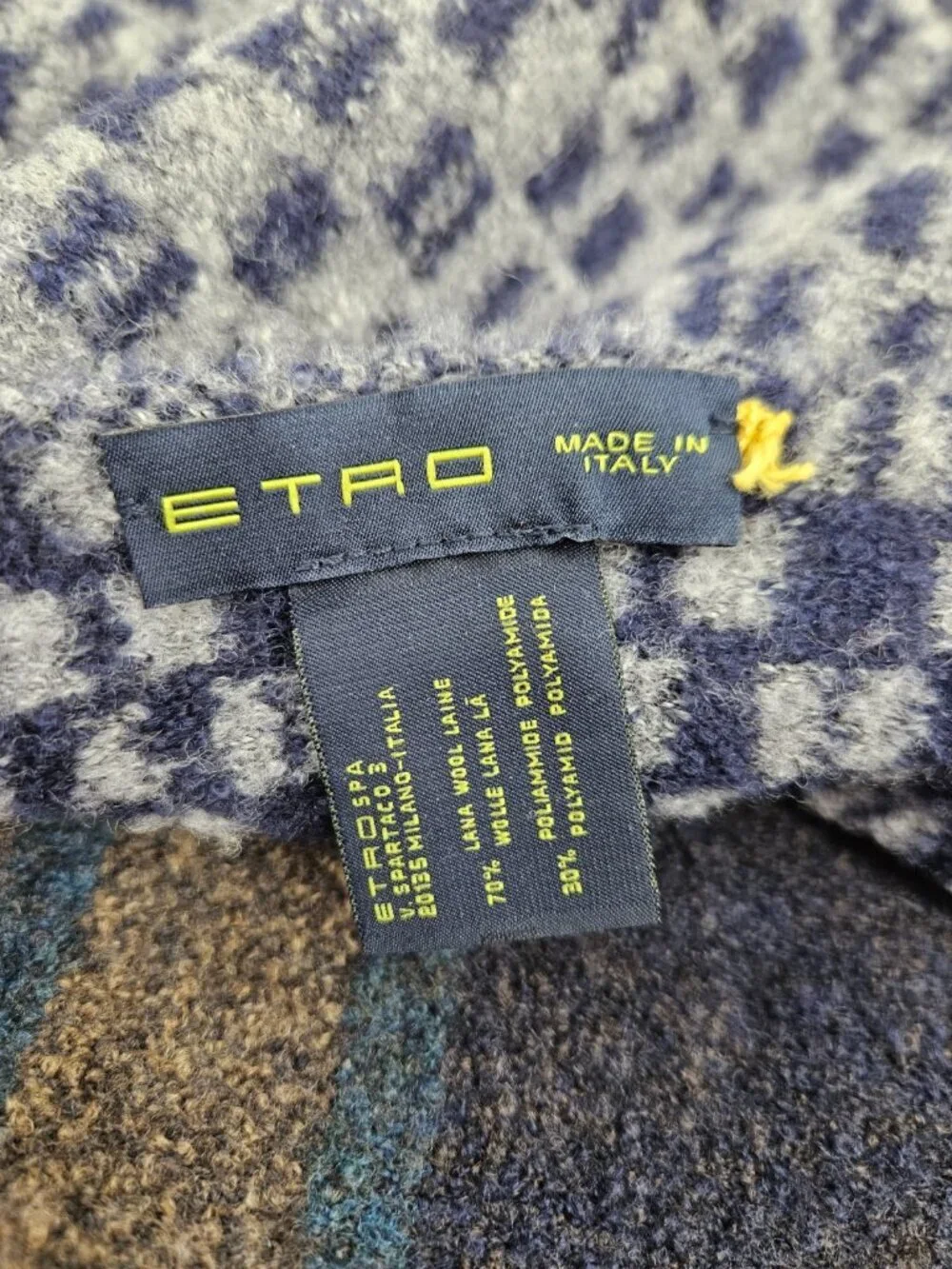 ETRO Italy Wool Blend Scarf Shawl Blue Paisley Geometric Tassel Fringe Blue Grey